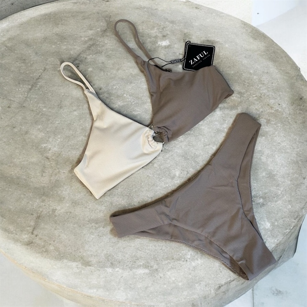 NEW Taupe Beige Two-Toned Bikini  - Size 6